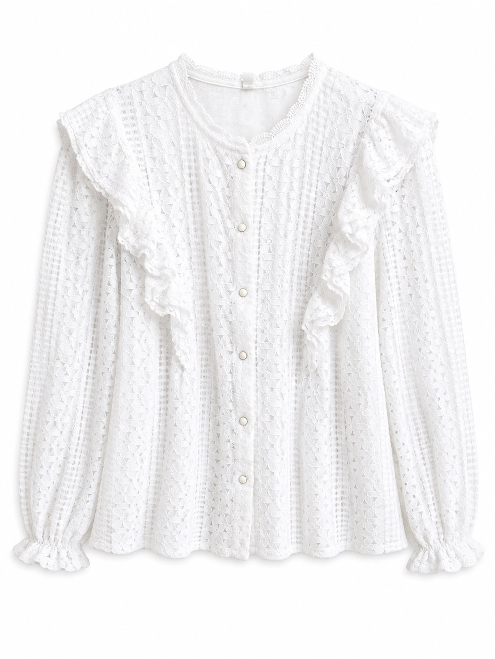 Charlior White Cotton Mix Lace Ruffle Long Sleeve Button-Down Lined Top Size L